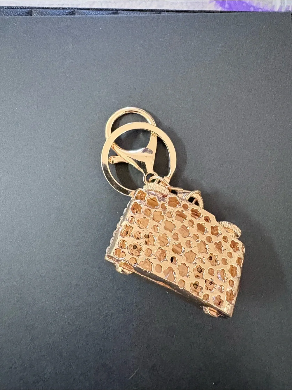Gold and White Camera Keychain with Rhinestones - Fashion Accessory